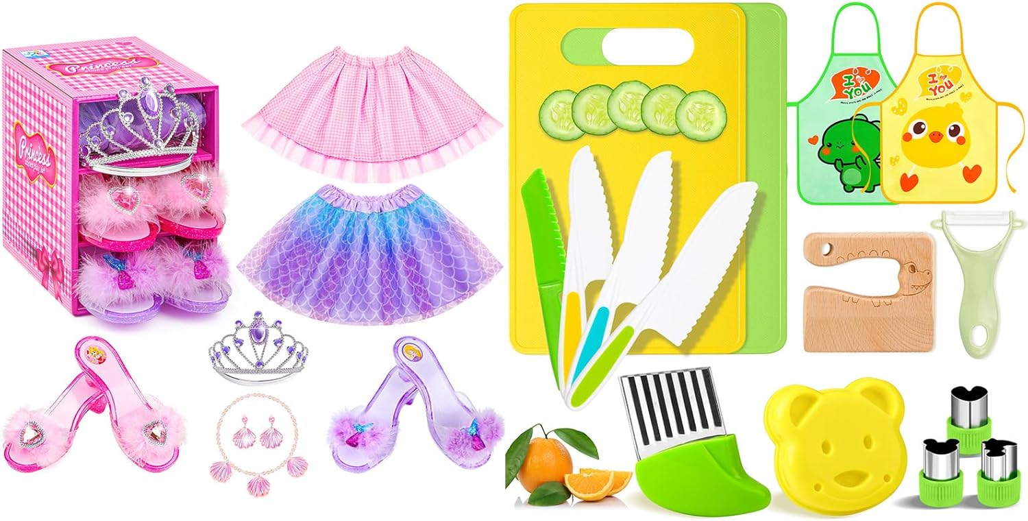 Princess Dress Up Shoes Set Girls Dress Up Toys, Kids Knife Set for Real Cooking