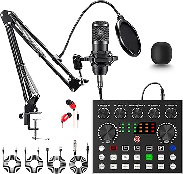 Podcast Equipment Bundle, BM-800 Mic Kit with Live Sound Card, Podcast Microphone Bundle with Studio Microphone, Recording Studio Equipment for Live Streaming, Broadcasting with Phone/PC/Laptop