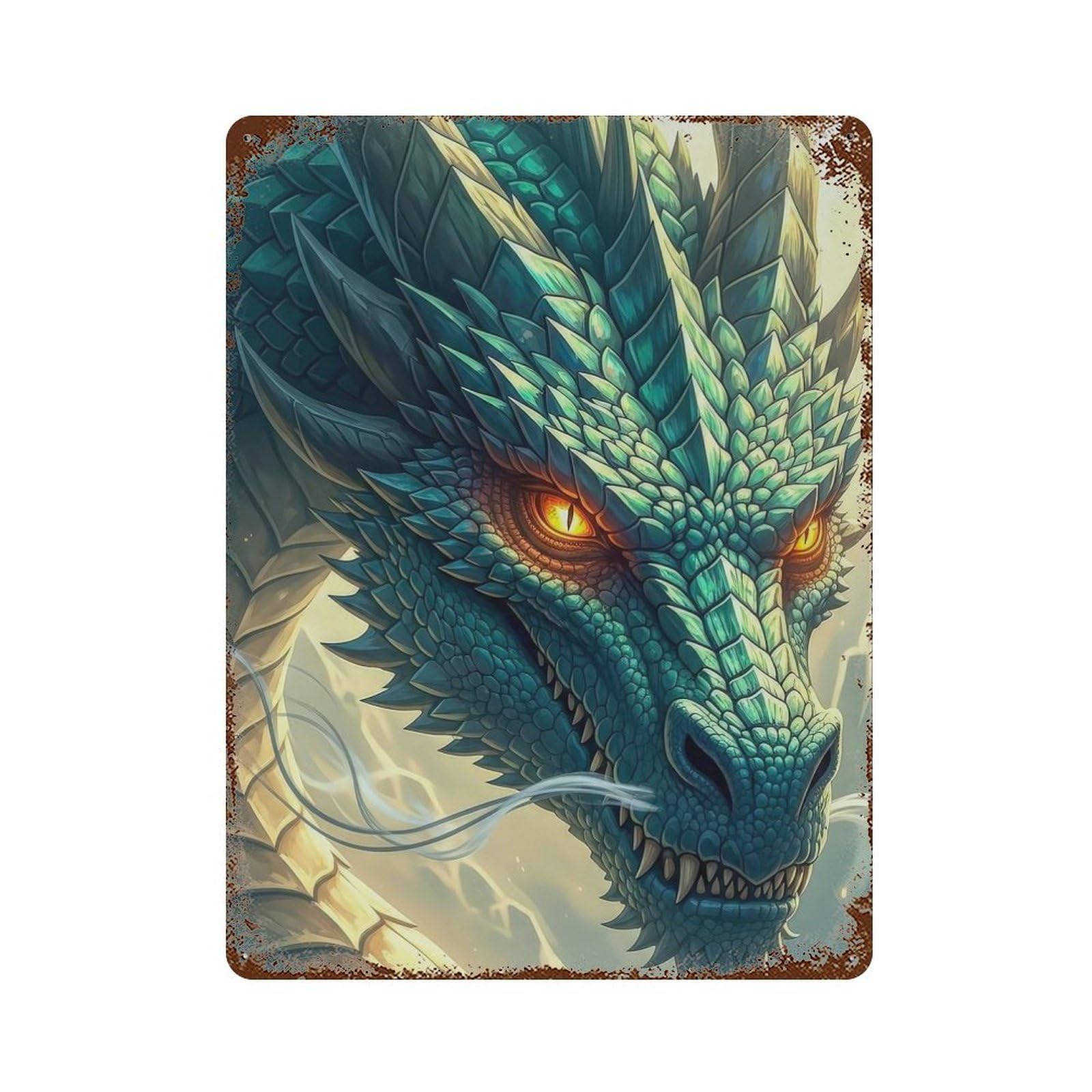 Detailed Dragon Head Portrait Rust Effect Tin Sign 15.7"x11.8", Rustic Home Decor for Garage, Pub Or Kitchen