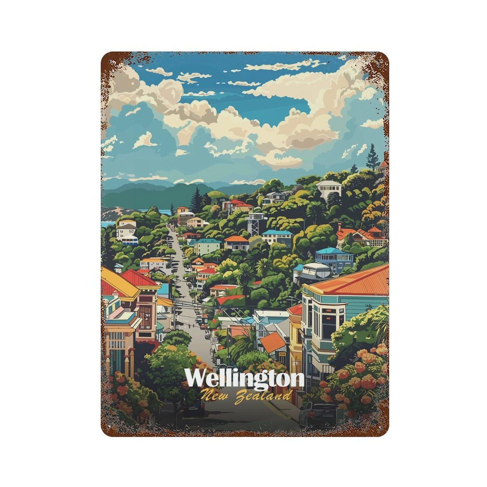 Garage Style Wellington, New Zealand Cityscape Rust Effect Tin Sign 15.7"x11.8", Vintage Wall Decor for Bar And Workshop