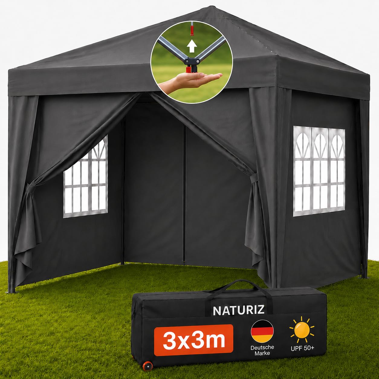 NATURIZ® Pavillon 3x3 Wasserdicht Stabil und UV 50+ Schutz - Faltpavillon mit Seitenwänden Winterfest - Pop Up Zelt für Garten, Camping, Marktstand & Partyzelt, Gartenpavillon, Gartenzelt, Festzelt