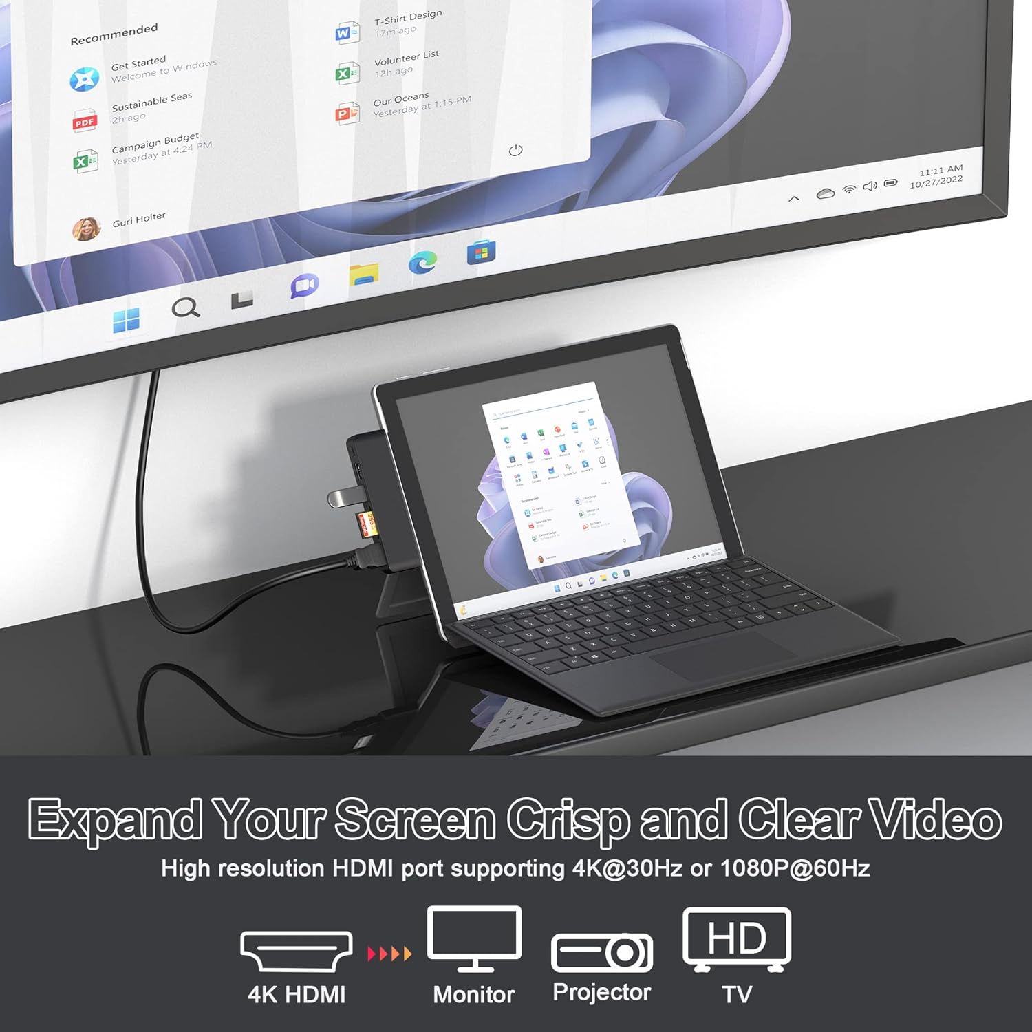 Surface Pro 9/10/11/X Accessories, Surface Pro 9 USB Hub Docking Station with 4K HDMI, USB-C Thunerbolt 4 (Display+Data+PD Charging), 2 USB 3.0, SD/TF Card Reader for Surface Pro 9/Pro10/Pro11/ProX