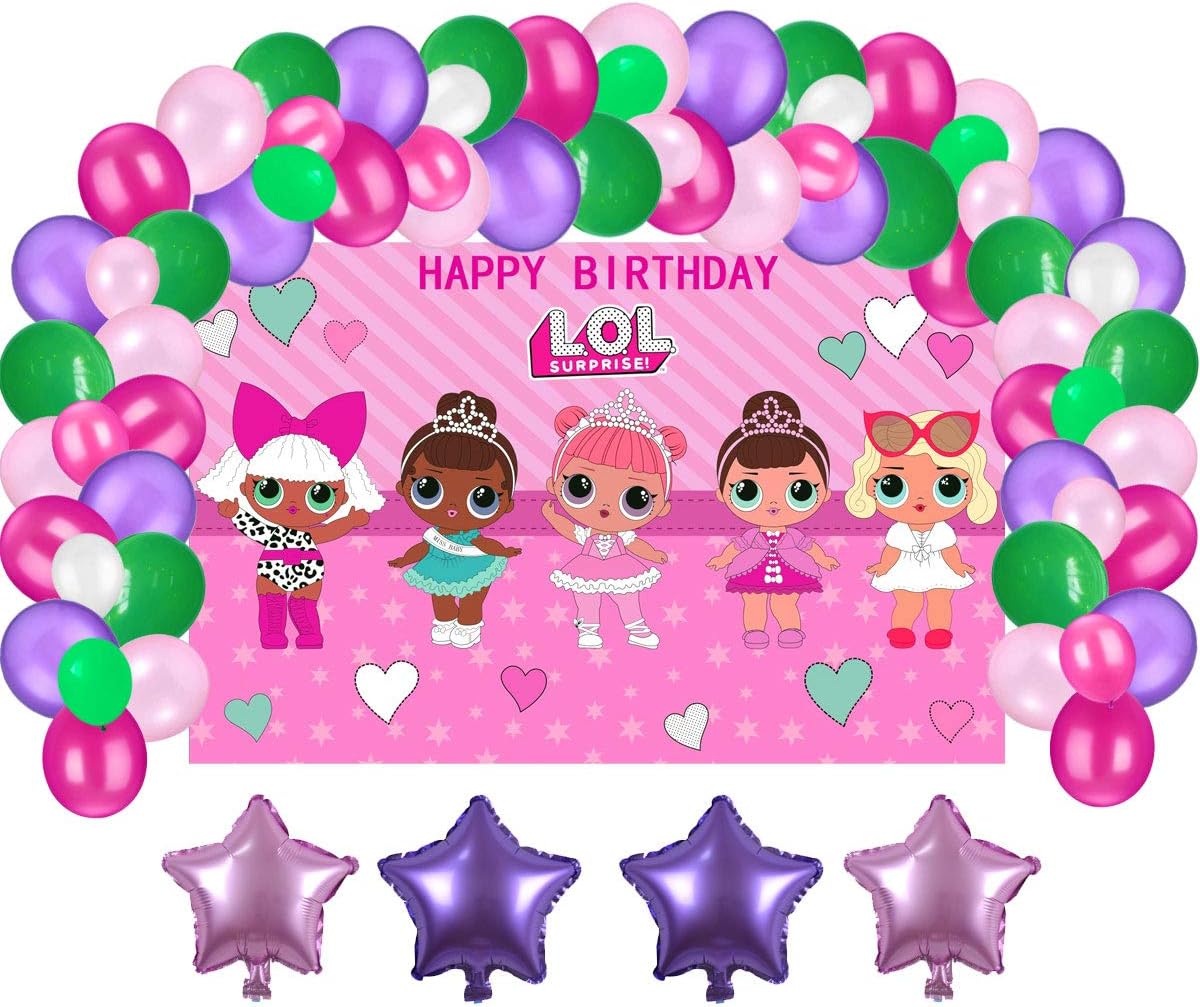 Girls Birthday Party Supplies Decorations, Backdrop With Balloons Kit For Amazing Surprise Party Background Including 80Pcs Balloons, 4Pcs Aluminum Foil Balloons for Girls Birthday