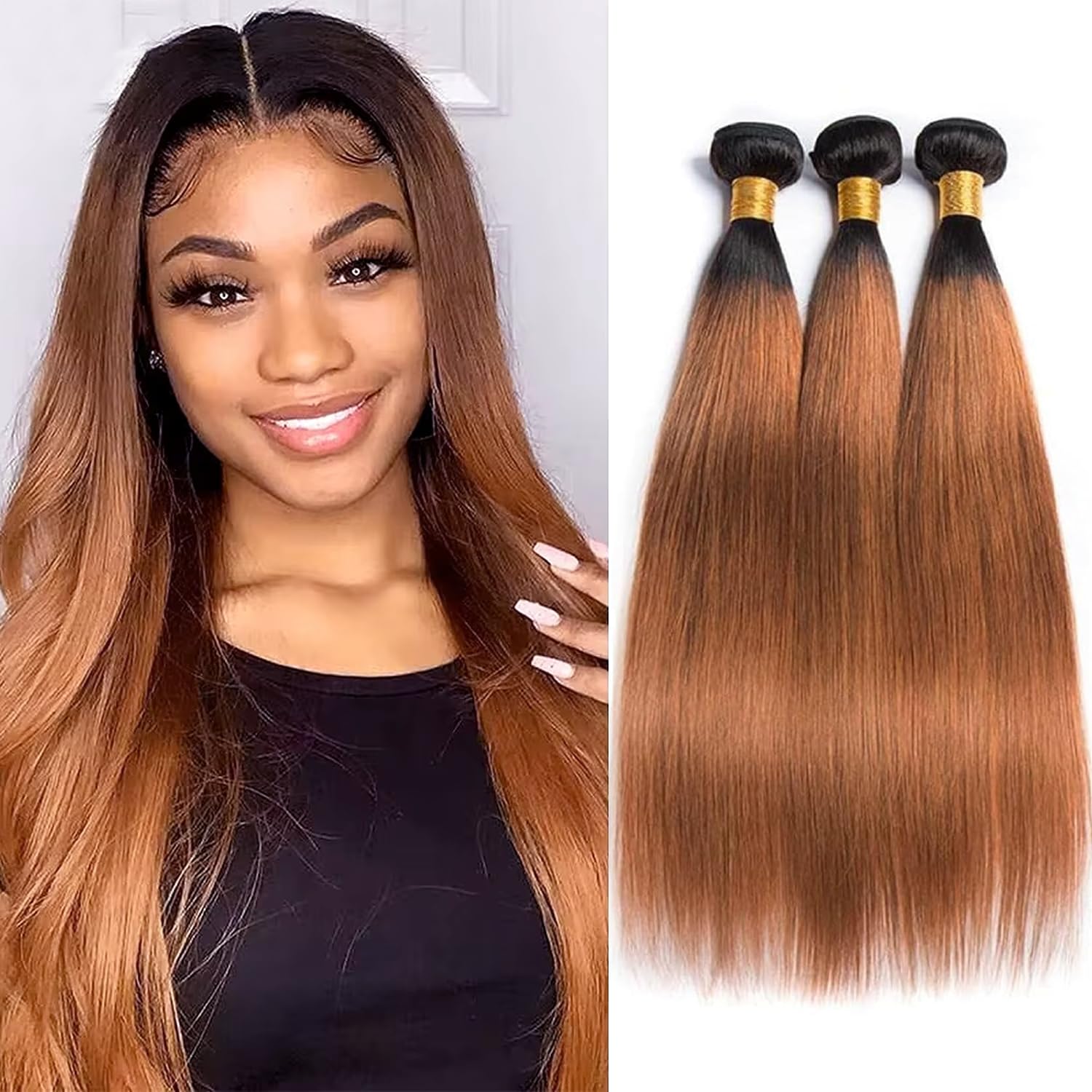 Light Brown Straight Bundles Human Hair T1B/30 Ombre Bundles Double Weft Brazilian Human Hair Sew-In Weave Extensions 10 12 14 Inch（Black Ombre Light