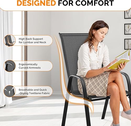 Miniatura 4 de VINGLI Juego de 4 sillas de patio  Sillas de comedor apilables para exteriores con cómodas sillas de respaldo alto y reposabrazos para césped,