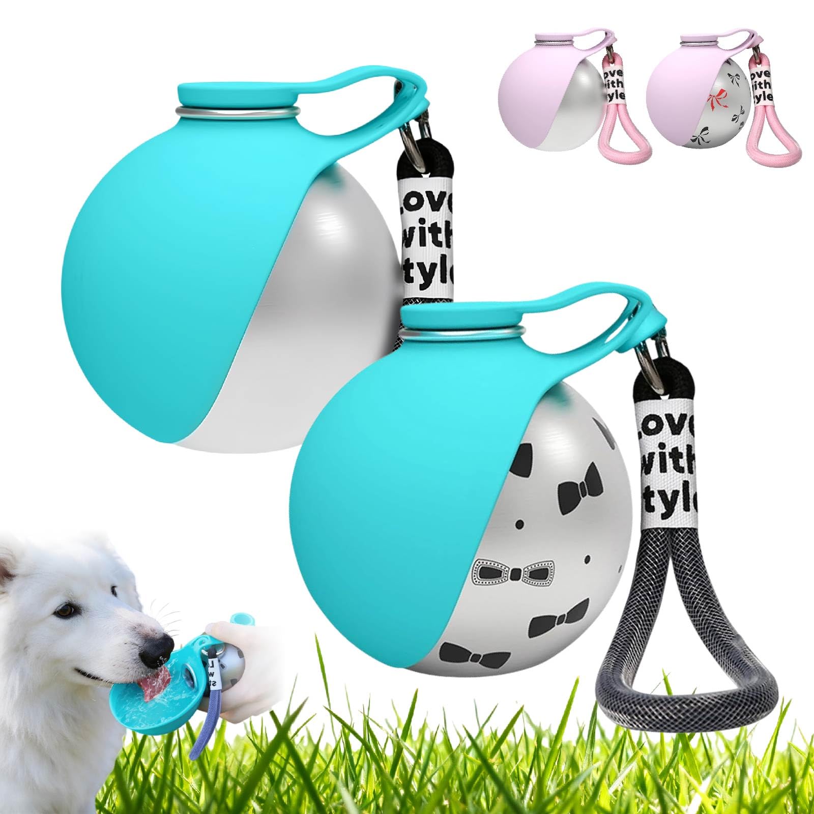 2-in-1 Dog Water Bottle- Portable Stainless Steel Dog Travel Water Bottle with Foldable Silicone Bowl, Leakproof 285ml Puppy Drinking Dispenser Flask for Walking (Blue+Blue with Patter)