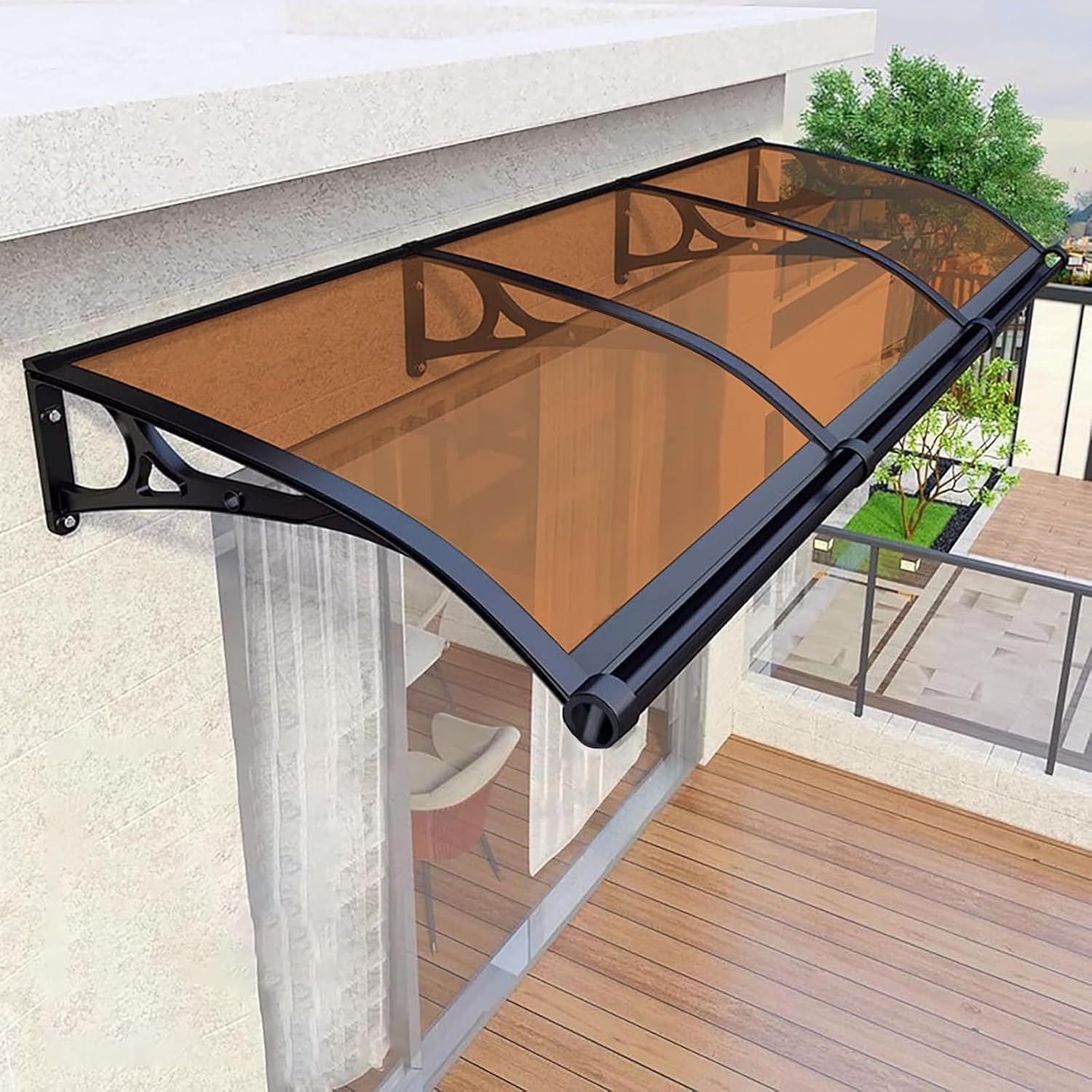 Door Awnings Exterior Rain and Snow canopy, Polycarbonate Cover Window Awnings for Door Entrance, Awning with Aluminum Bracket f(Size:60x160 cm (23.6 in. x 63.0 in.),Color:Black Frame + Brown Shelves)
