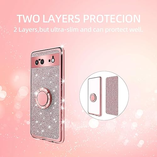 Miniatura 8 de Funda para Google Pixel 6, Pixel 6 para mujer, con purpurina, suave, elegante, transparente, TPU de lujo, linda funda protectora con correa de pie