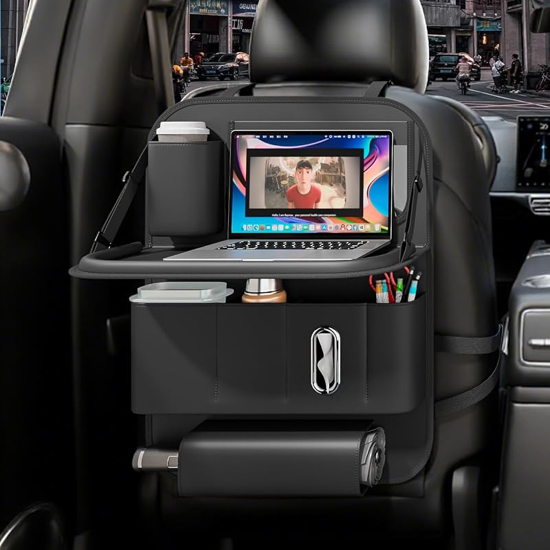 Organizador para Encosto de Banco GMQ com Bandeja Dobrável, Bolsos e Porta-Tablet, Preto, 1 unidade