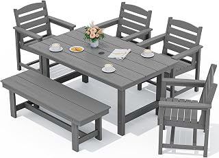 SERWALL Outdoor Dining Set, Patio Dining Set with Bench, Gray | Outdoor Dining Set with Bench, includes 1 Table, 1 Bench & 4 Chairs