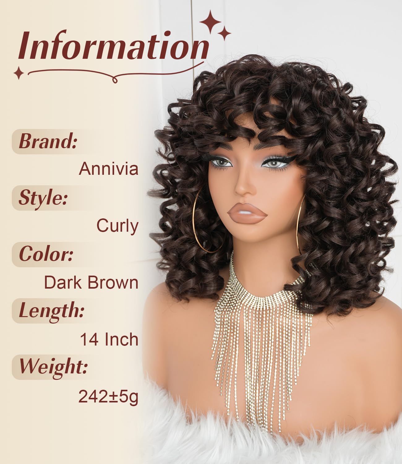 Annivia Short Curly Wigs for Women with Bangs Big Bouncy Fluffy Kinky Curly Wig Soft Synthetic Short Curly Afro Wig for Daily Party Use（Dark Brown）
