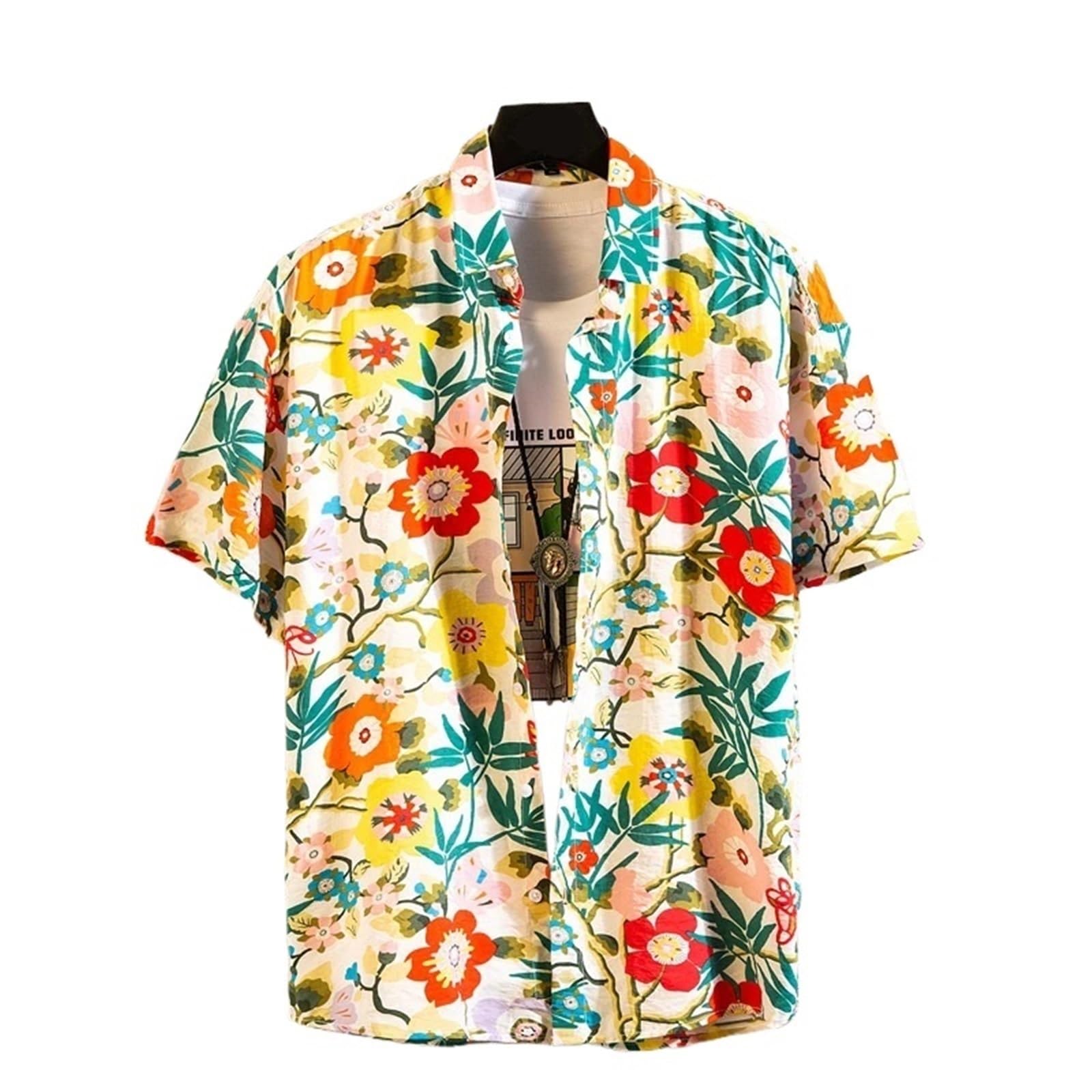 Chemise d'été homme en coton imprimée fleurs à revers style rétro rétro