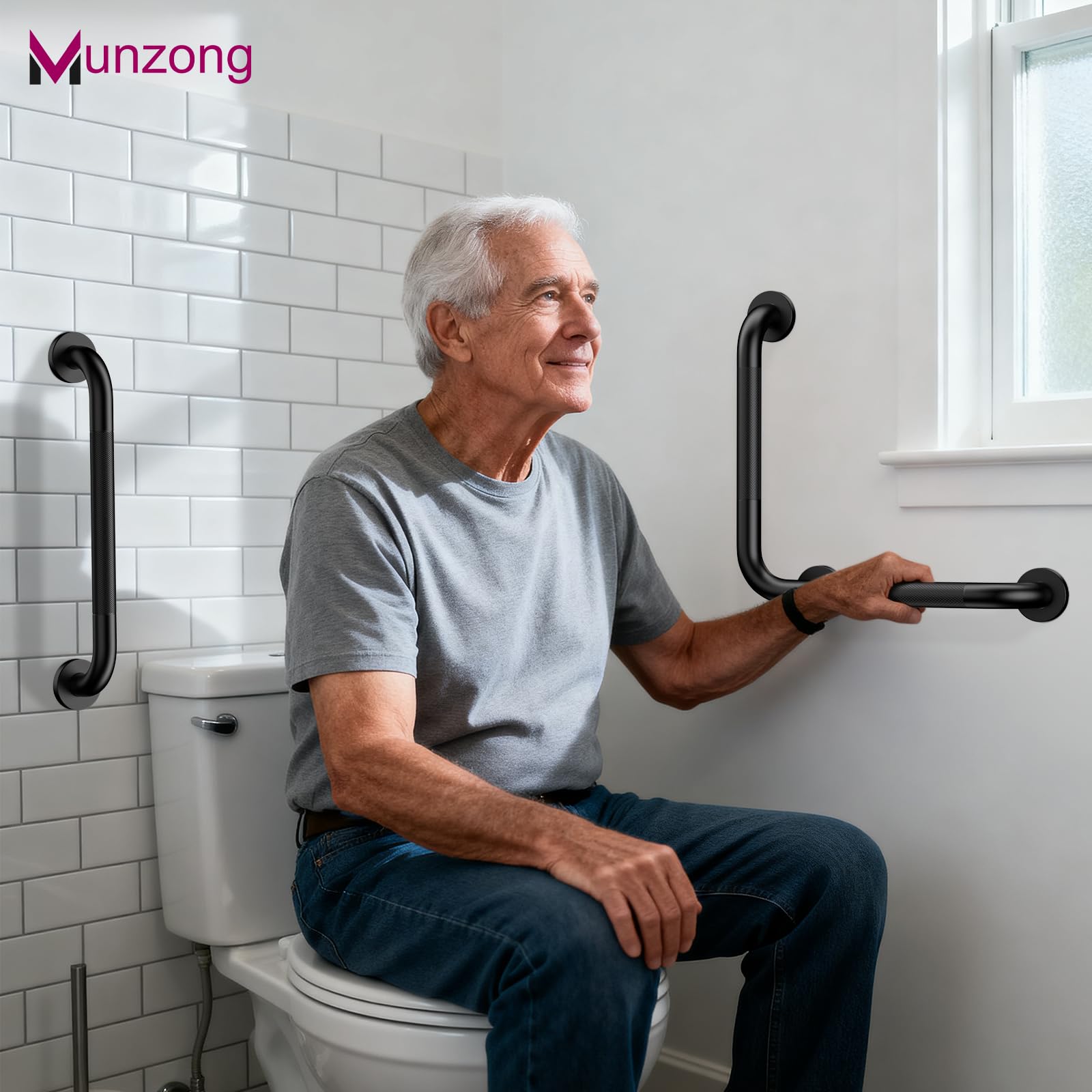 Munzong - Maniglia per doccia a forma di L, 40,6 cm, colore: nero | Anti maniglia zigrinata di sicurezza dell'acciaio inossidabile di Bathroon di slittamento, sostegno anziano di lesione