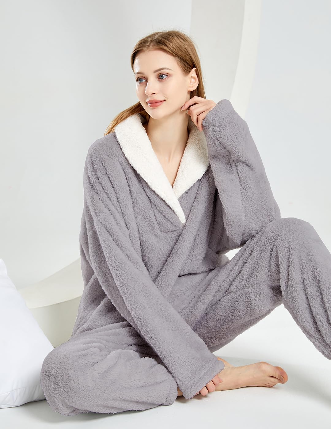 Women's Fluffy Loungewear Sleepwear Lounge Casual Pajamas Sets Loose Long Sleeve Fleece Pullover and Pants Set - Image 6