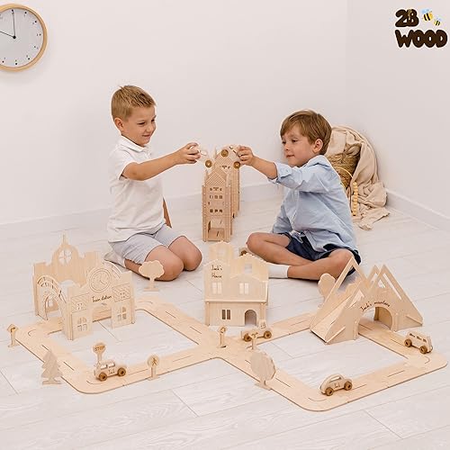Miniatura 9 de Personalized Wooden Car Track for Boys - Size M Toddler Race Track Toy Cars - Wooden Toy Cars Road Bridge House Train Station Mountain - Montessori