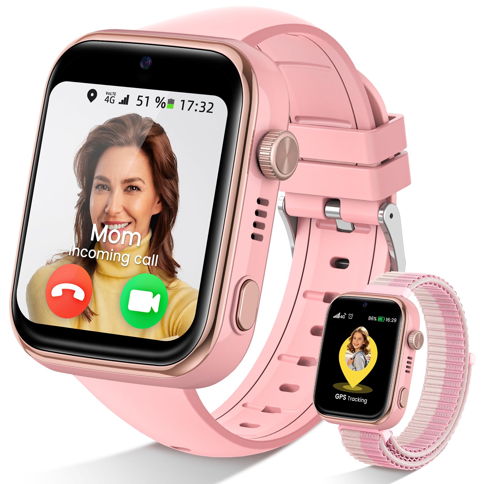 SWGOTA Children's Smartwatch, Children's Smartwatch with 4G Video Call/GPS, Voice Chat/School Mode/Whatsapp/WiFi/SMS/SOS/Pedometer/5 Sports Modes, IP68 Waterproof Gift for Girls Boys, Pink