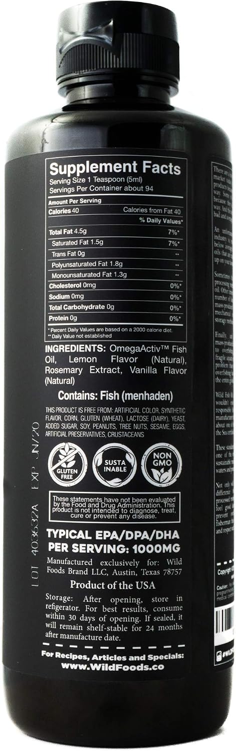 Wild Fish Oil, Omega-3 DPA, DHA, EPA FOS Certified, Super Strength 1,120mg Pure Omega-3, Batch Tested, Natural Lemon, BPA-Free