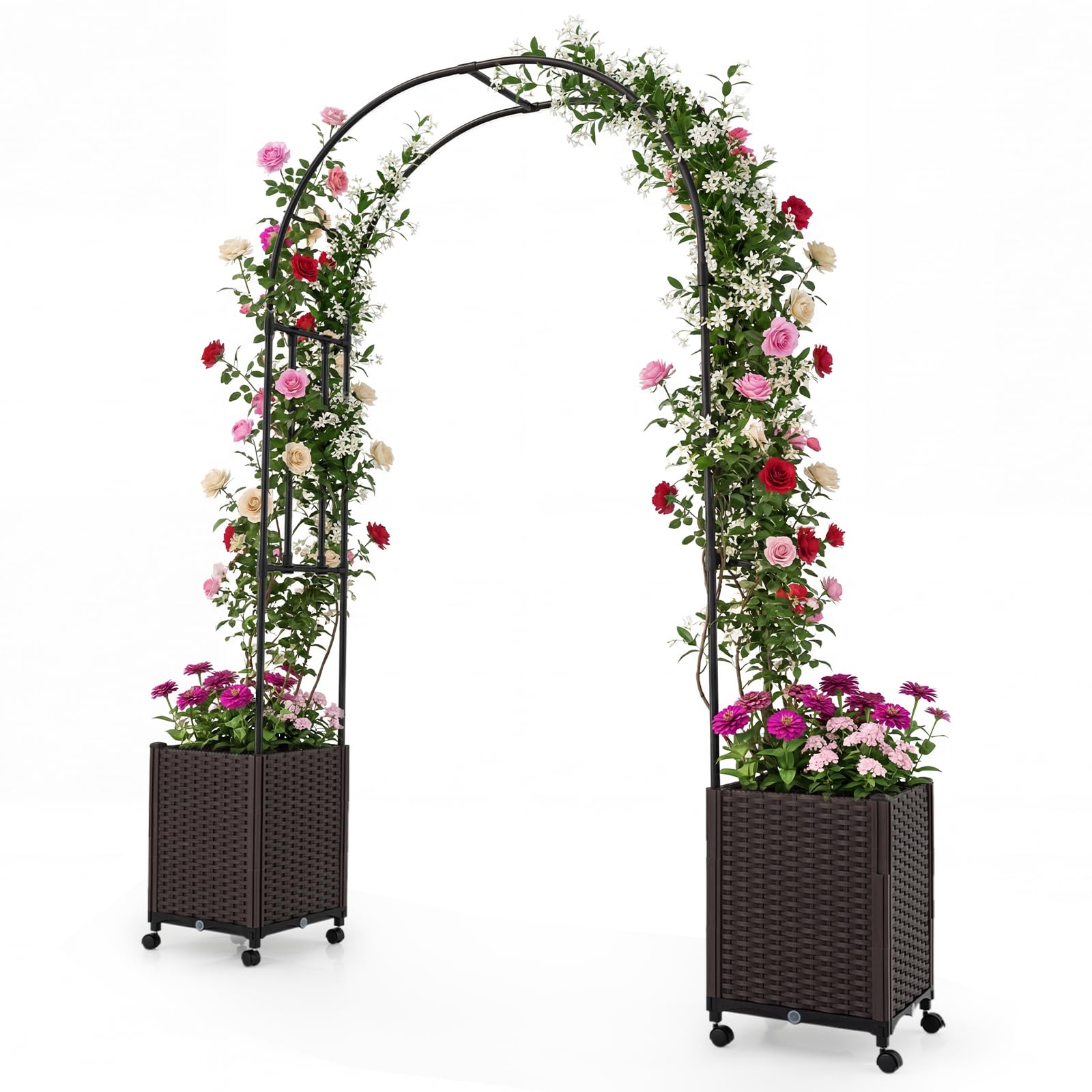 COSTWAY Garden Arch with Planter Box, 2M Metal Pergola Arbor Trellis with Self-Watering System & Lockable Wheels, Rose Vines Climbing Plant Support Archway for Lawn Backyard Wedding (203 x 40 x 230cm)