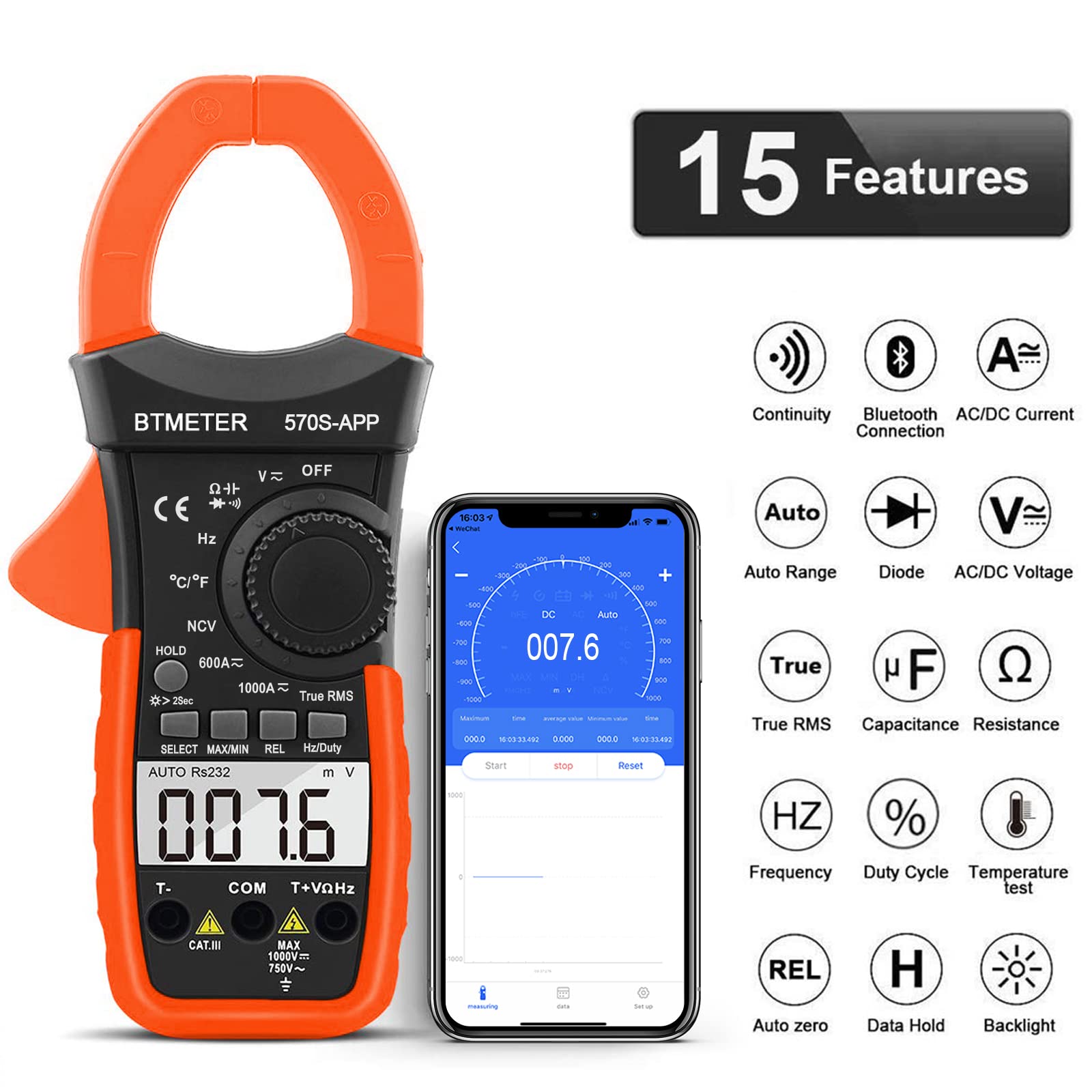 BTMETER BT-570CAPP 1000A DC AC amperímetro Bluetooth digital de abrazadera en multímetro para medición de voltaje de corriente amperios de ohmios