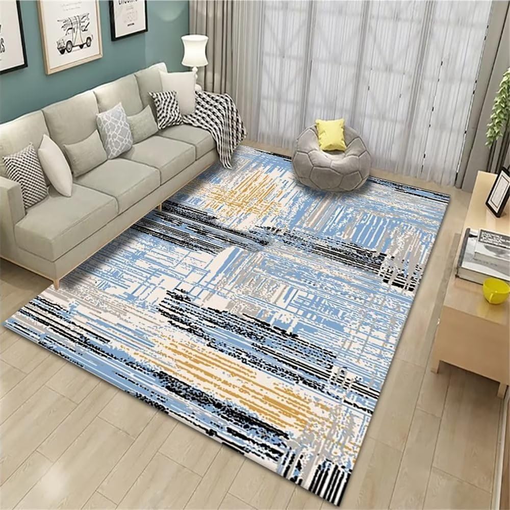 Tapis pour salon bleu 140x200cm à rayures et poil court pour couloir