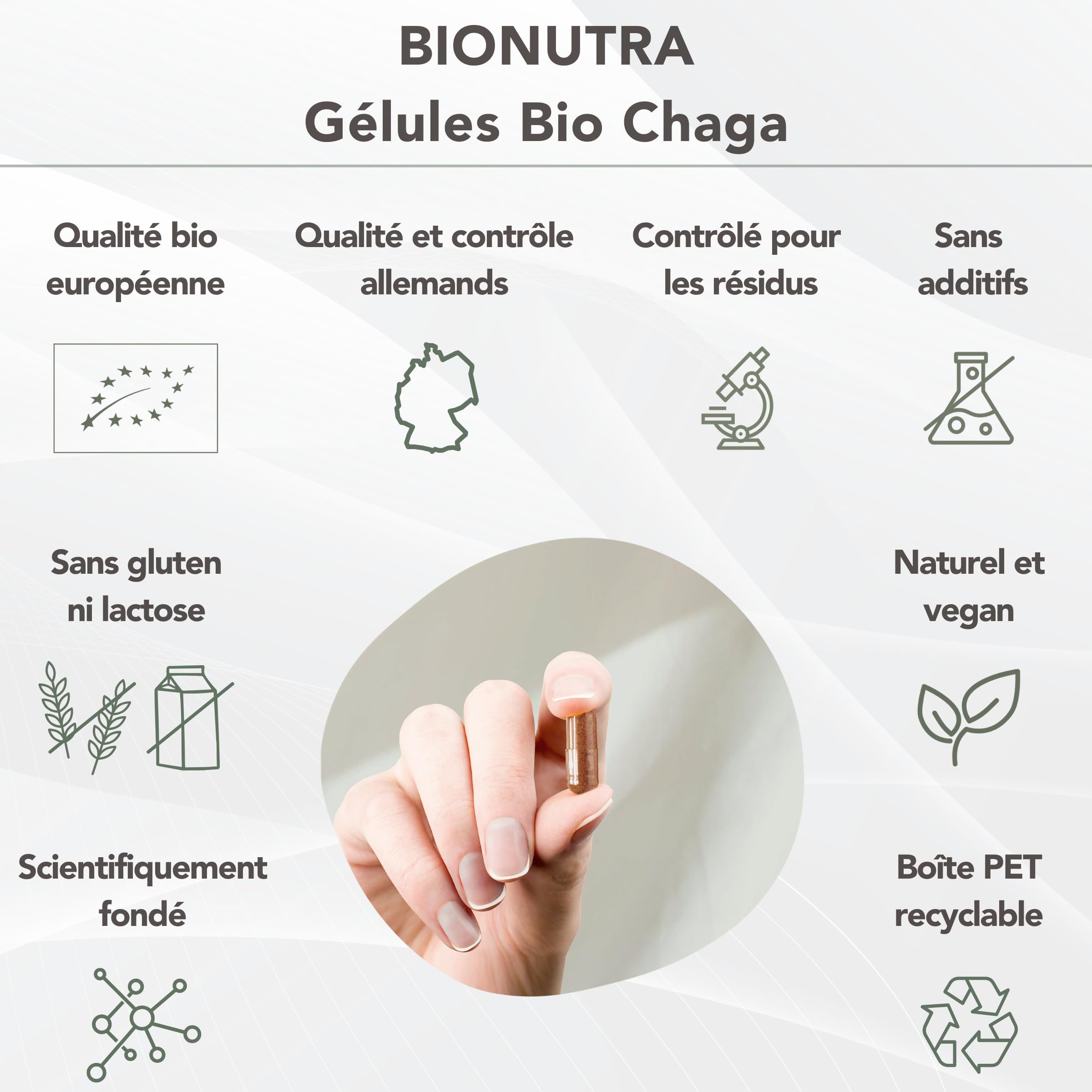 BIONUTRA® Gélules de Chaga bio hautement dosées, 1200 mg/jour, contrôlées résidus, fabrication allemande, véganes, sans lactose ni gluten, sans additifs, champignon Chaga bio, 180 pièces x 600 mg