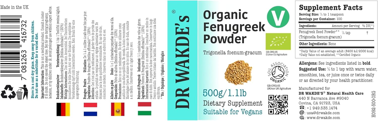 DR WAKDE's Organic Fenugreek Powder (Methi) - 500g (1.1lb) | Pure, Raw & Dried Powder | Ayurvedic Herb | Vegan | Nothing Added, Nothing Removed | Same Day Dispatch
