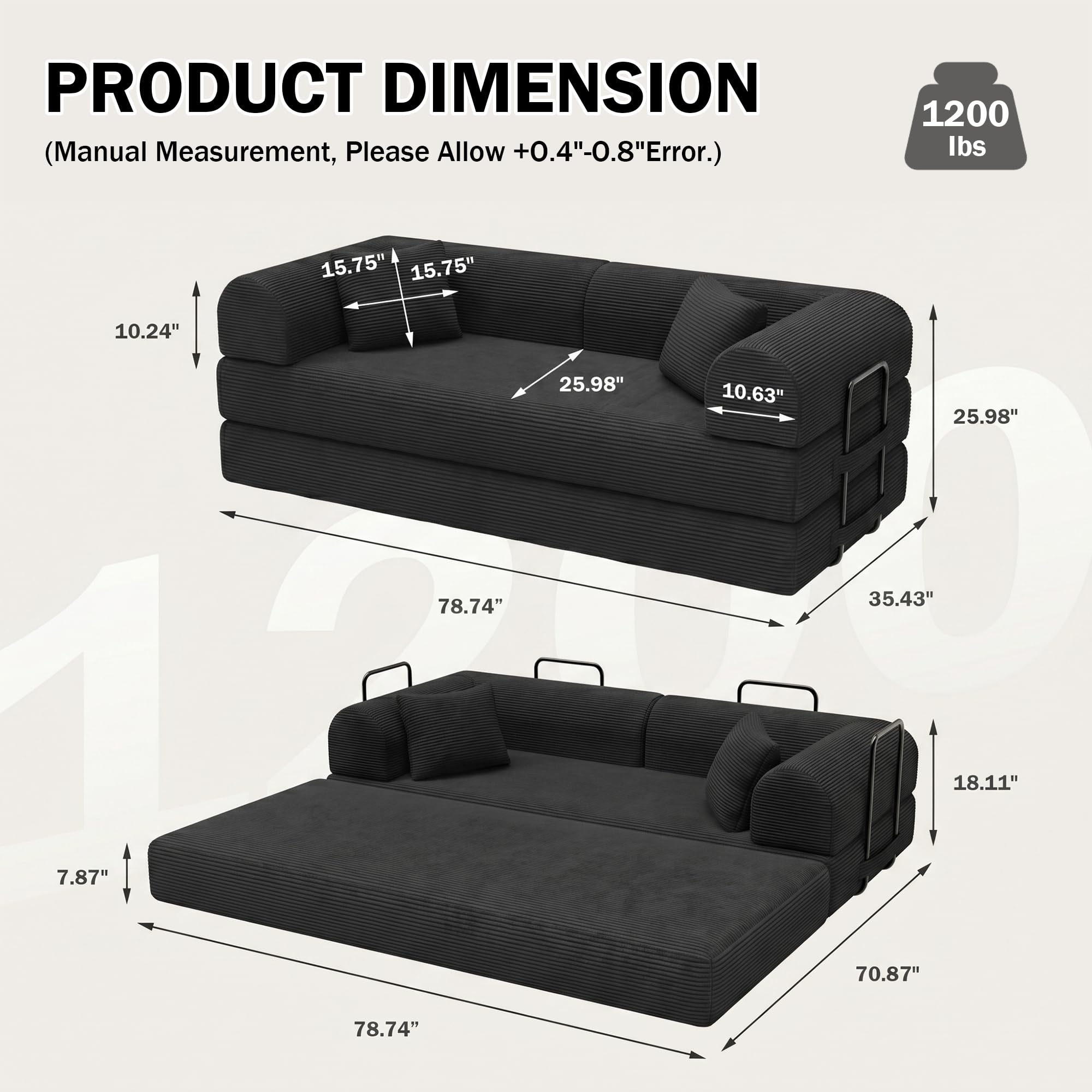 79" Convertible Futon Sofa Bed, Boneless Couch for Living Room, Black | Corduroy Sleeper Sofa, Modular Floor Couch with Pocket Springs and 2 Pillows, Couch Bed No Assembly