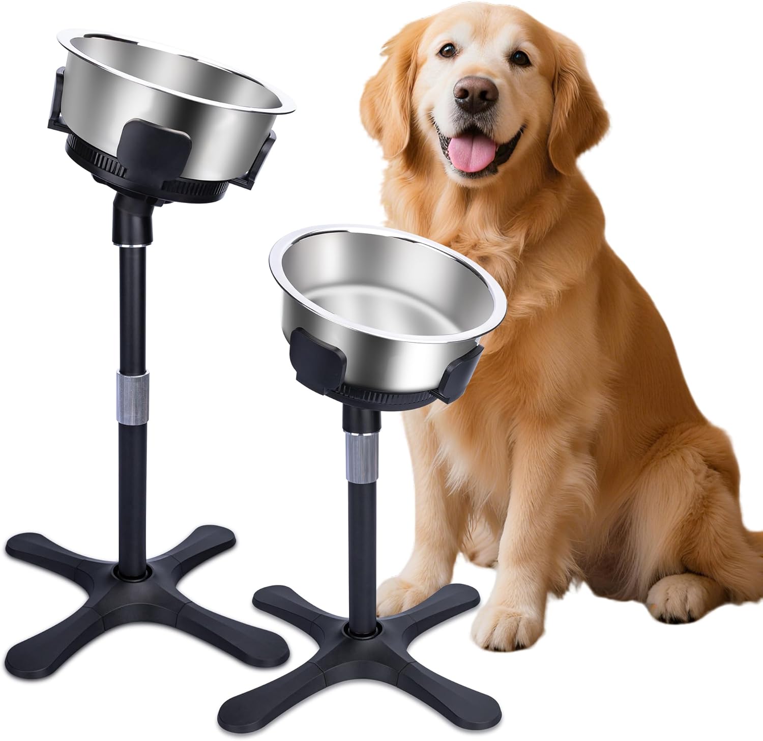 Elevated Adjustable Dog Bowl Feeding Stand, 3 Heights and Tiled Ajudst, Compatible with Moost Feeding Bowls, Great for Medium Large Dogs(Stainless Bowl 2 Pack Updated)