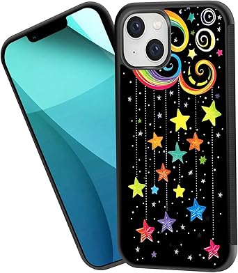 for iPhone 15 Case,Tire Anti-Skid Edges Cute Design Shockproof Bumper Full Protection Black Back Cover for iPhone 15,Sparkling Star Rainbow