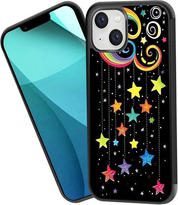 for iPhone 15 Case,Tire Anti-Skid Edges Cute Design Shockproof Bumper Full Protection Black Back Cover for iPhone 15,Sparkling Star Rainbow