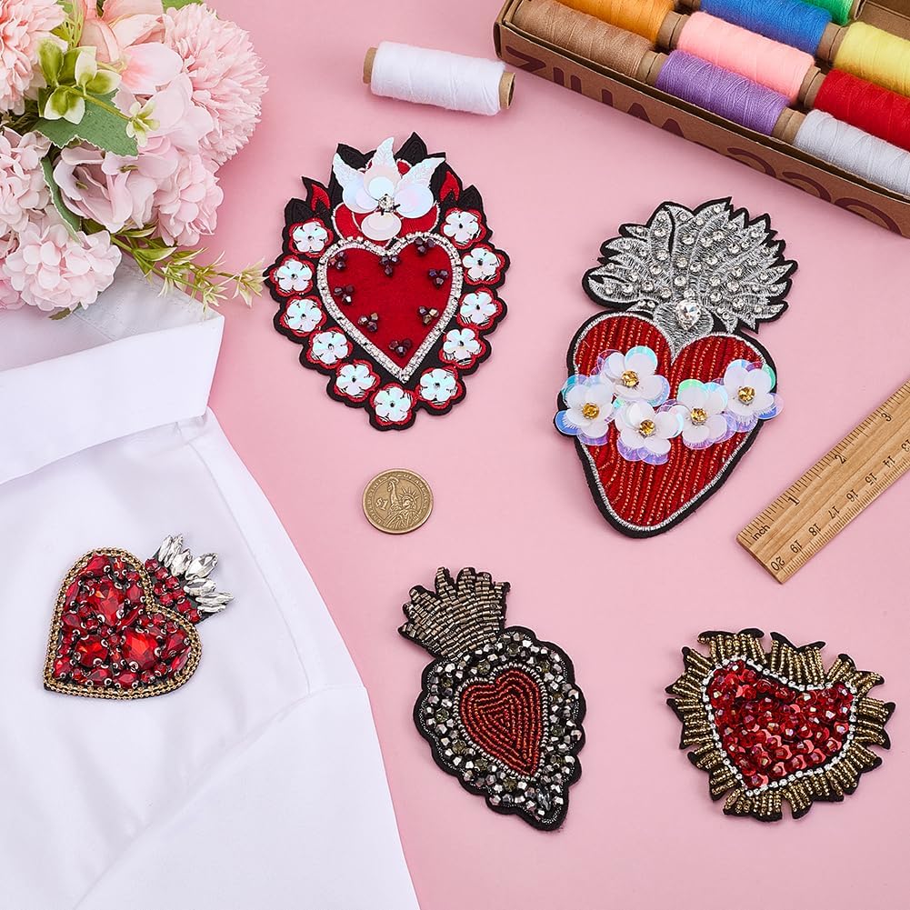 FINGERINSPIRE 5PCS Beaded Rhinestone Hearts Applique 5 Styles Heart Shaped Red Sew On Patches Accessories Felt Base Sequined Embellishment for Clothing Jackets Home Decor DIY Crafting Projects