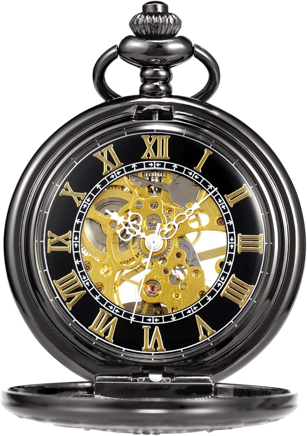 TREEWETO Mens Womens Pocket Watches Steampunk Black Copper Case Skeleton Mechanical Pocket Fob Watch