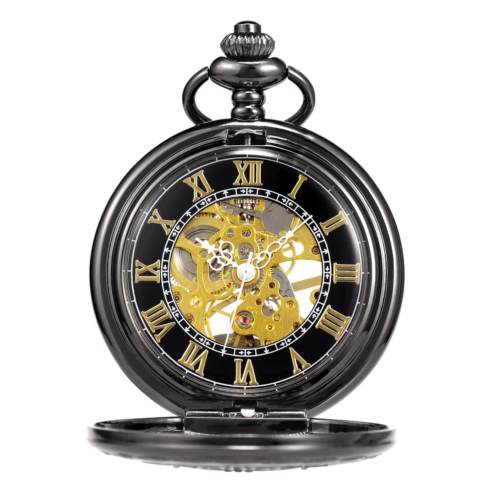 TREEWETO Orologio da tasca meccanico da uomo in bronzo antico/nero Steampunk con cassa in rame scheletrato per uomo, Nero