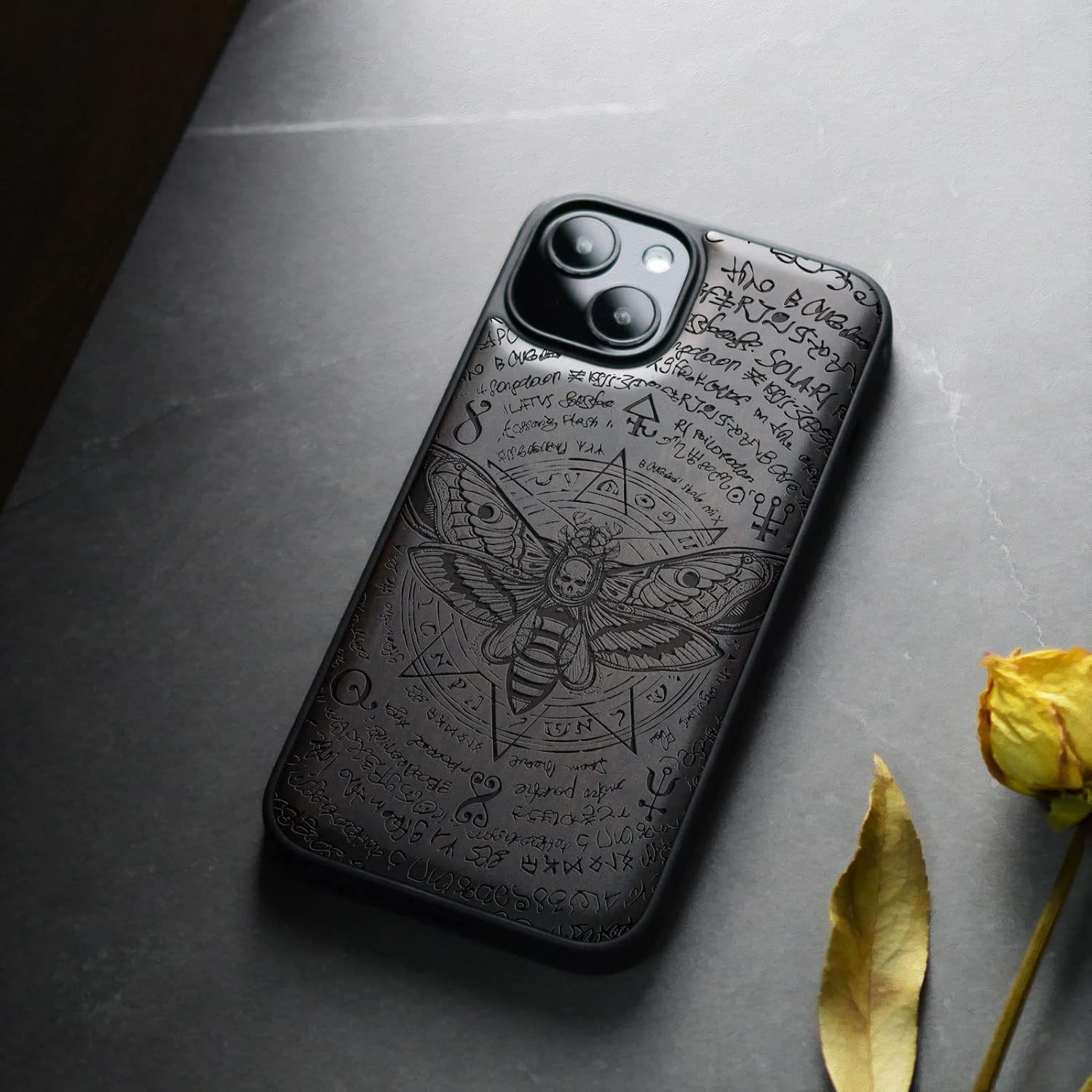 Carveit Magnetic Wood Case for iPhone 13 Case [Natural Wood & Black Soft TPU] Unique & Classy Wooden Shockproof Protective Cover Compatible with magsafe (Death's Head Moth -Blackwood)
