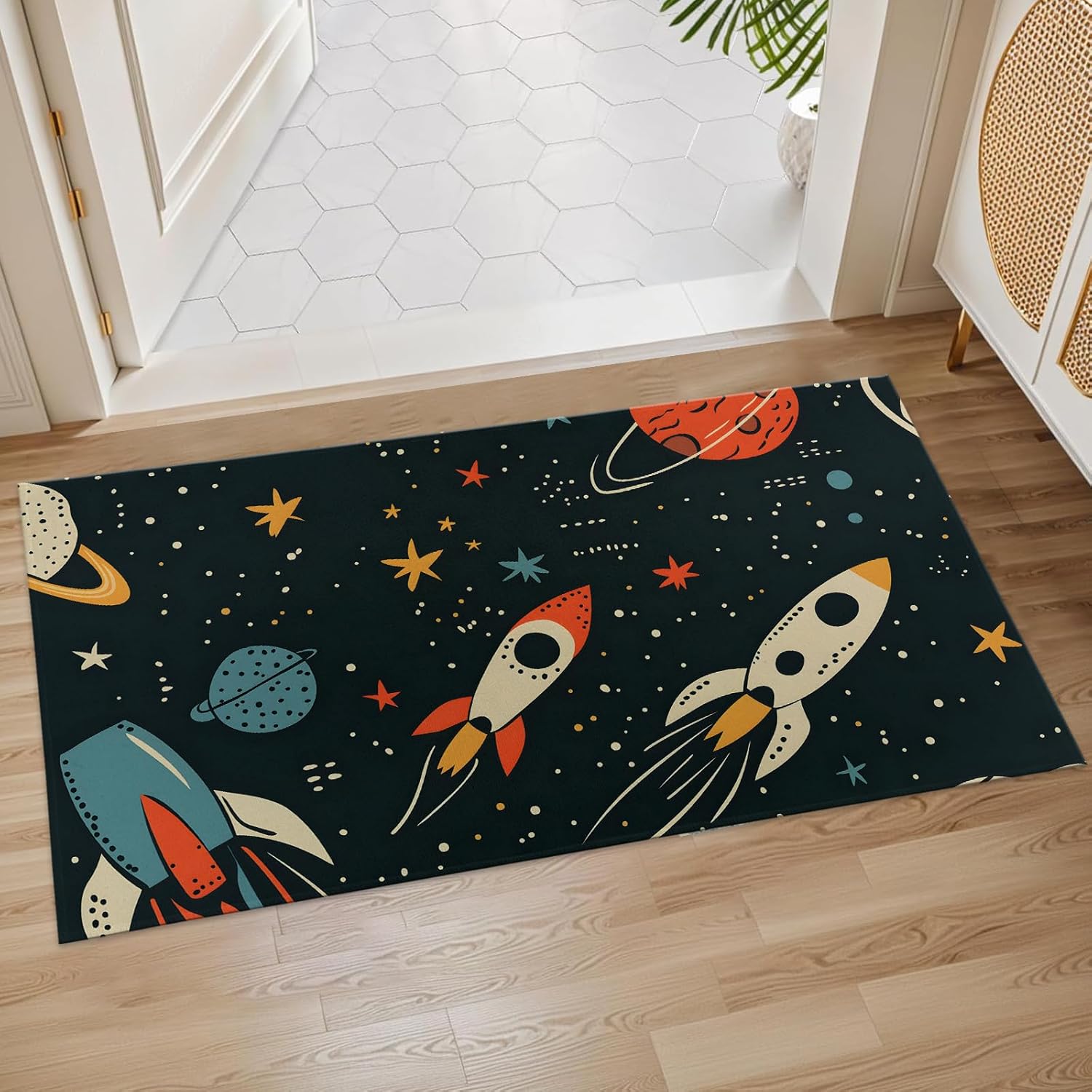 Outer Space Adventure Indoor Door Mat, 17x29.5 Inch, Floor Area Rug for Entryway, Living Room, or Bathroom, Non-Slip Doormat, Colorful Rockets and Planets Home Decor Rug Gifts