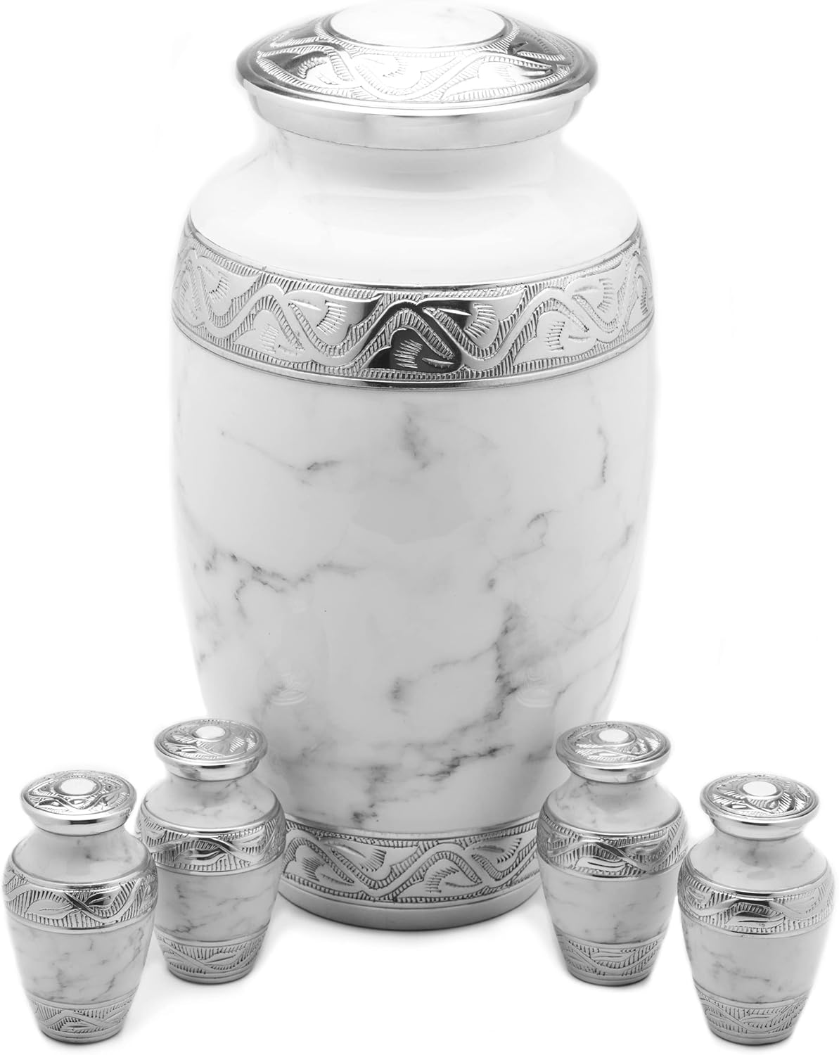 GR8 Keepsakes Large White Marble Urn with 4 Small Urns for
