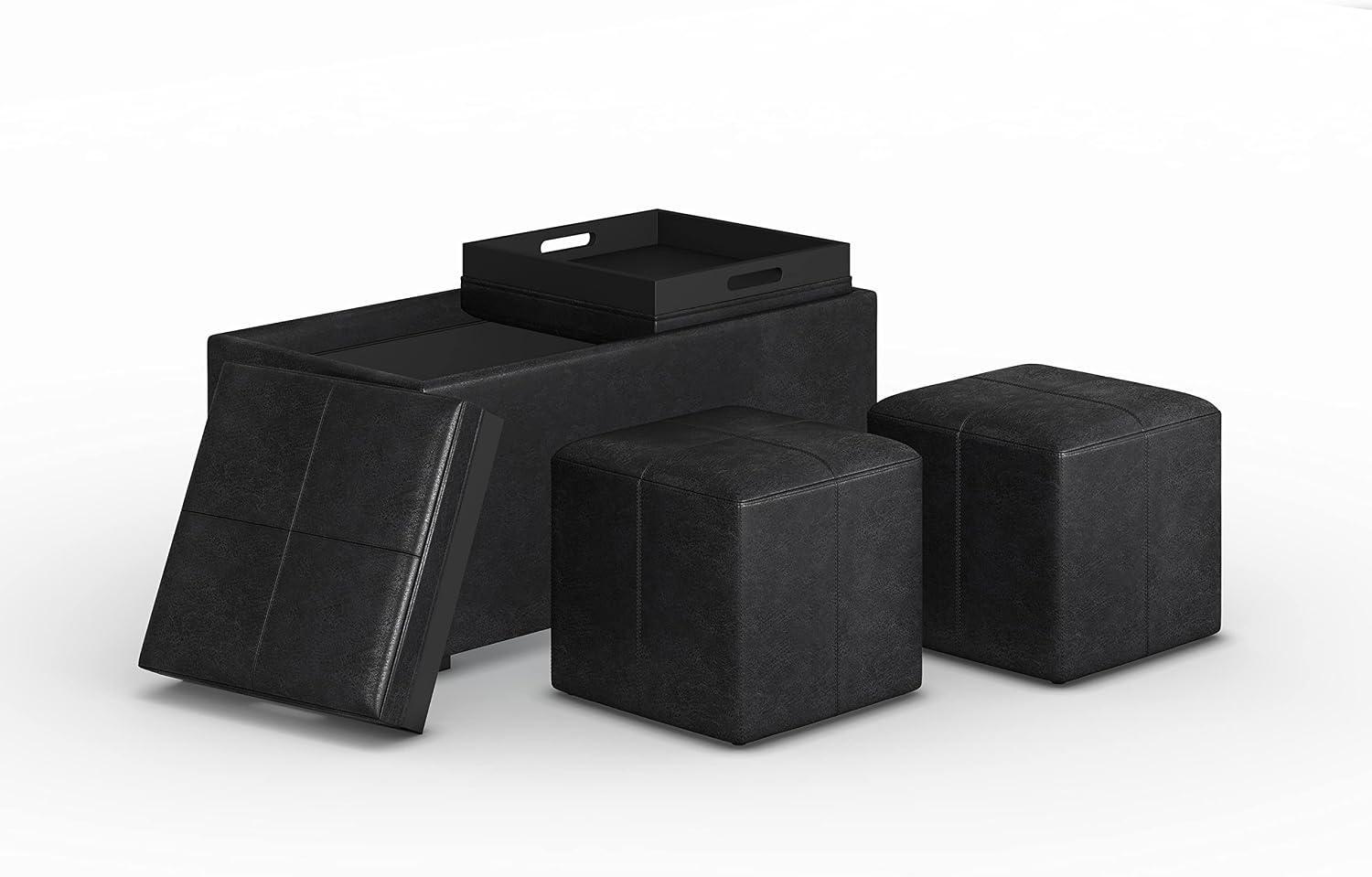 SIMPLIHOME Avalon 35 inch Wide Contemporary Rectangle 5 Pc Storage Ottoman in Distressed Black Vegan Faux Leather for the Living Room, Entryway and Family Room