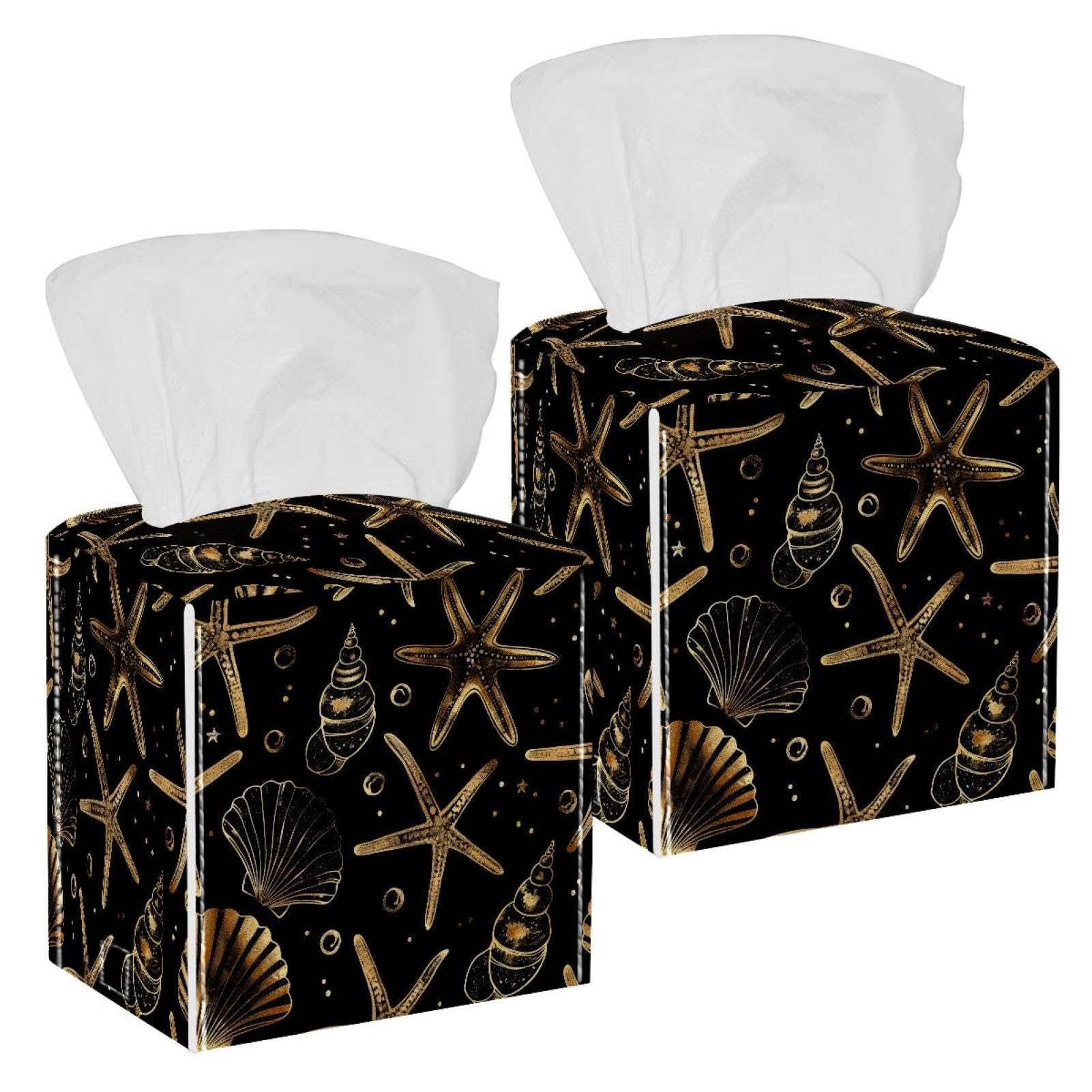 Golden Starfish Shell Pattern Tissue Box Cover, 2 Pack PU Leather Square Facial Tissue Dispenser Box holder for Home Office Car