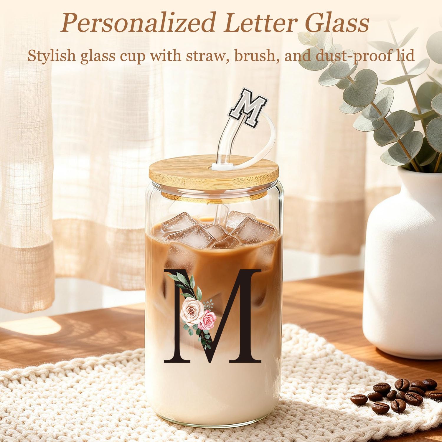 Birthday Gifts for Women, 10pcs Monogrammed Gifts for Women Initial Canvas Tote Bag, Makeup Bag, Glass Cup, Hair Clip, Candle Basket Birthday Personalized Gift for Her Woman Mom Wife Friend Teacher, M