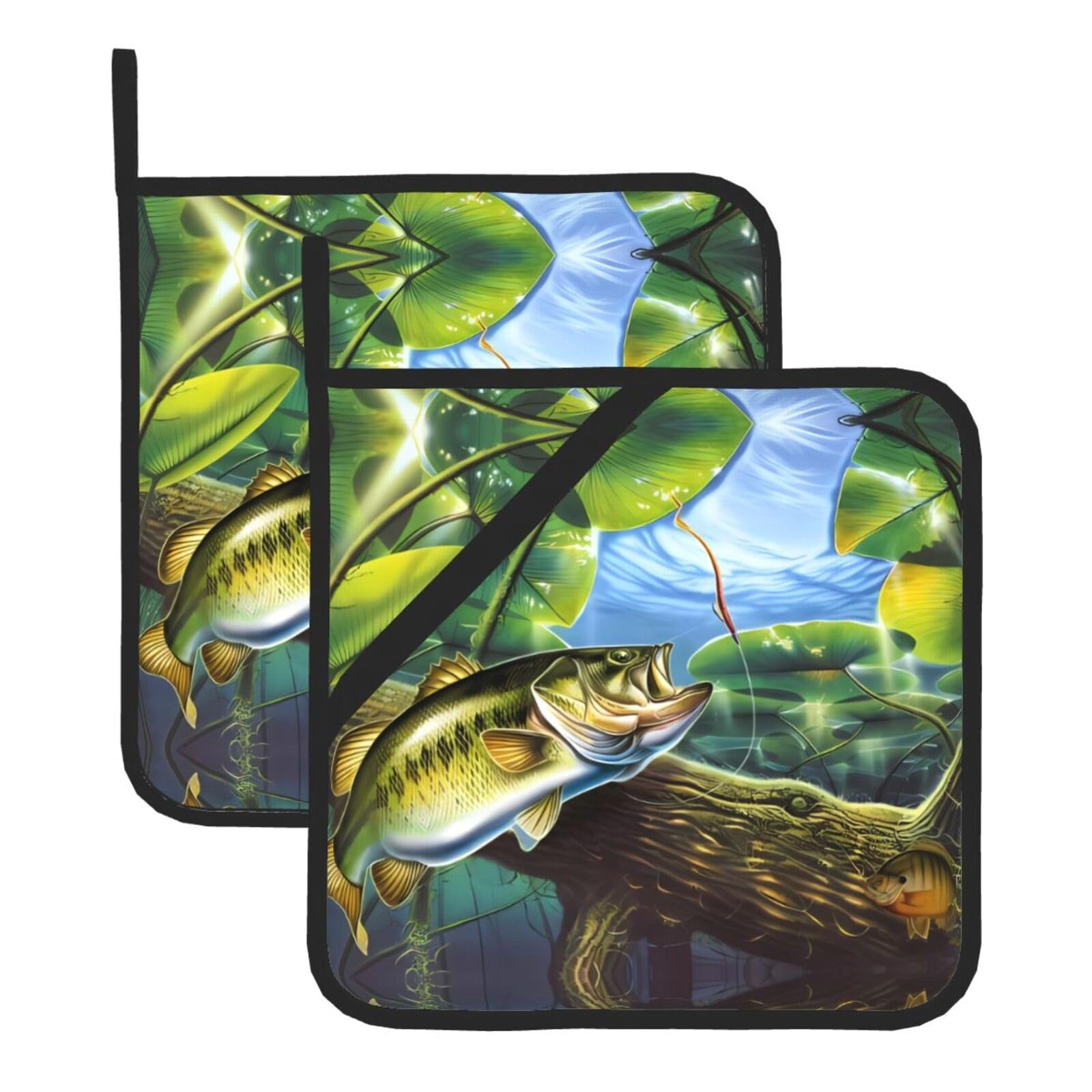 HJFCZH Bass fish Prints Square Hot Pads for Kitchen Counter - Waterproof Pot Holders, Durable Heat Resistant Throw Layers for Serving, Oven & BBQ - 2 Pack