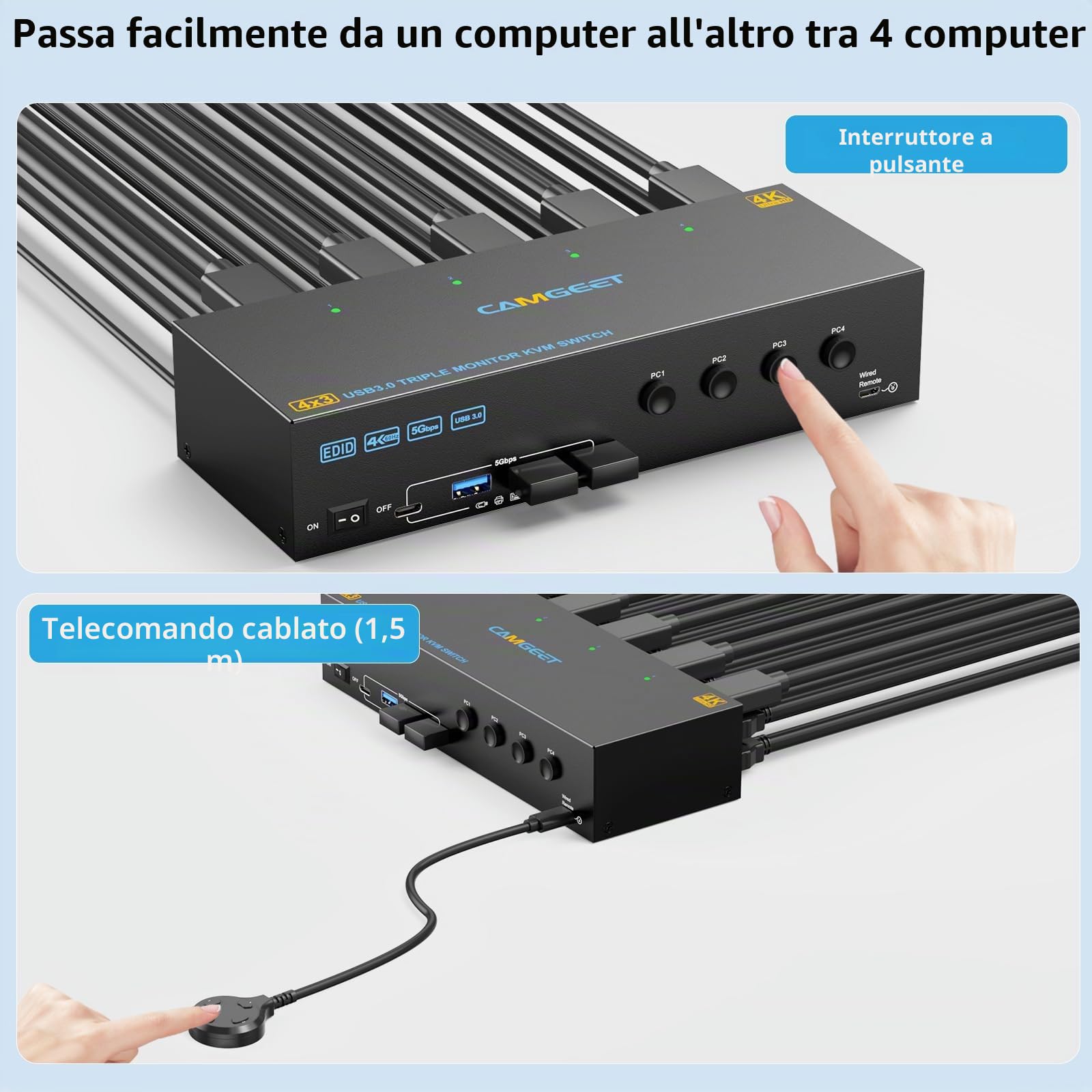 USB 3.0 Switch KVM 3 Monitor 4 PC 4K@60Hz, Simulazione EDID, MLEEDA 2 HDMI + DP Switch KVM 4 PC Condividi 3 Monitor e 4 porte USB 3.0, Dotato 12V Alimentatore, Telecomando con cavo e 4 Cavi USB