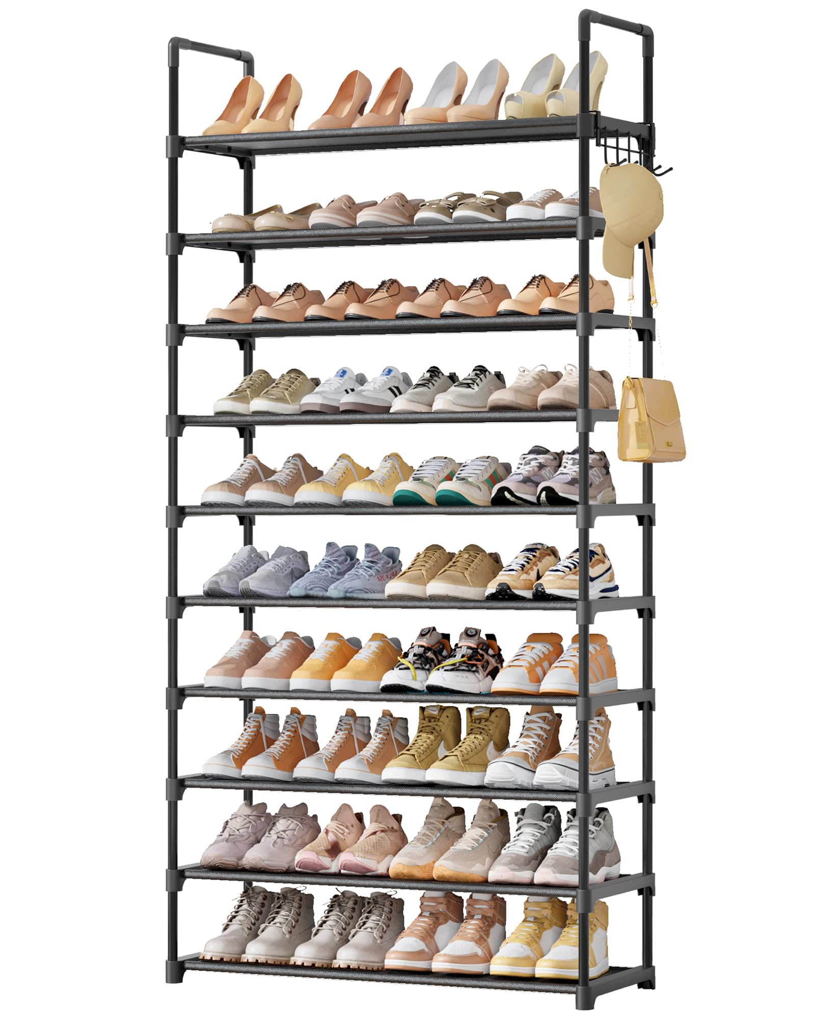 kitsure shoe rack for closet - 10-tier shoe organizer with hook rack, large-capacity & space-saving shoe shelf for entryway, bedroom, living room,32.2" x 11.8" x 68.5", black