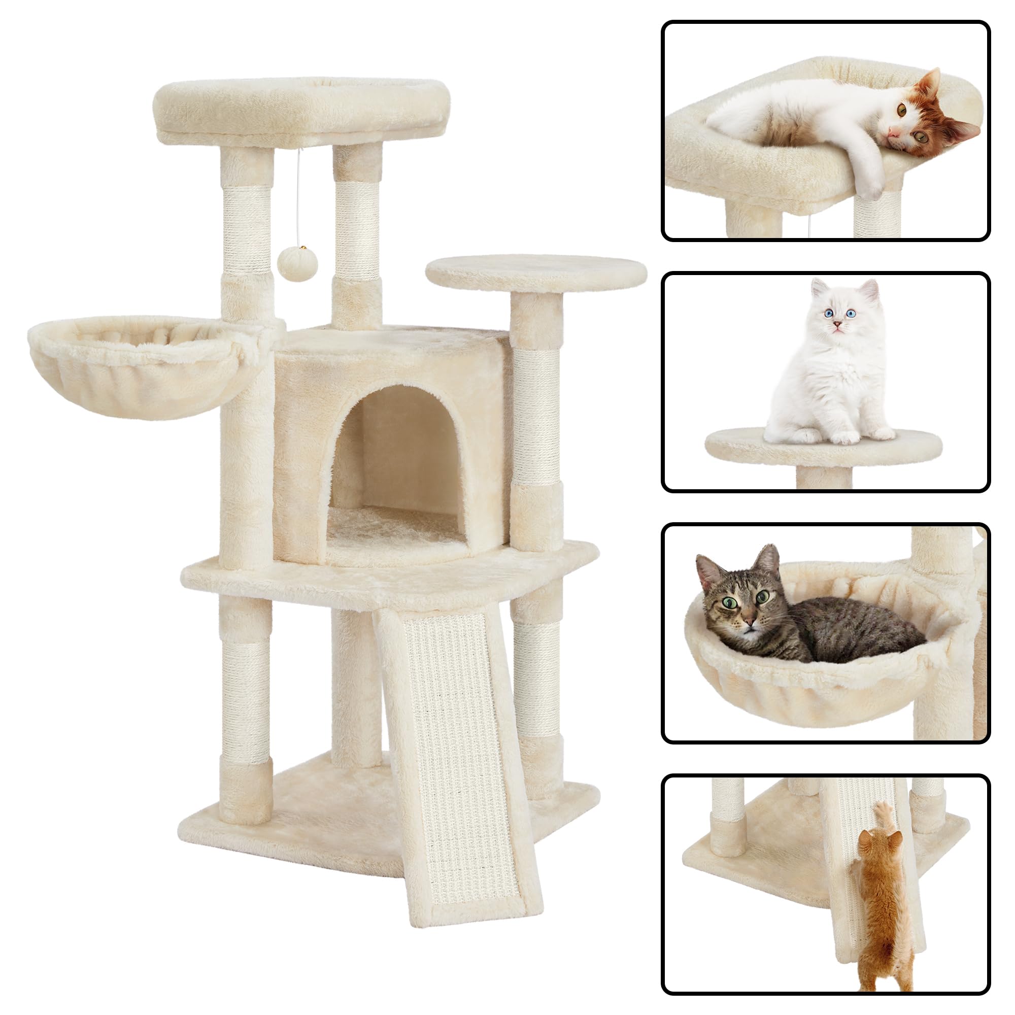Tiragraffi per Gatti Alto 106 cm Albero per Gatti Multilivello in Peluche con 2 Trespoli 1 Grotta 1 Cestino 5 Pali in Sisal e 1 Pompon Beige