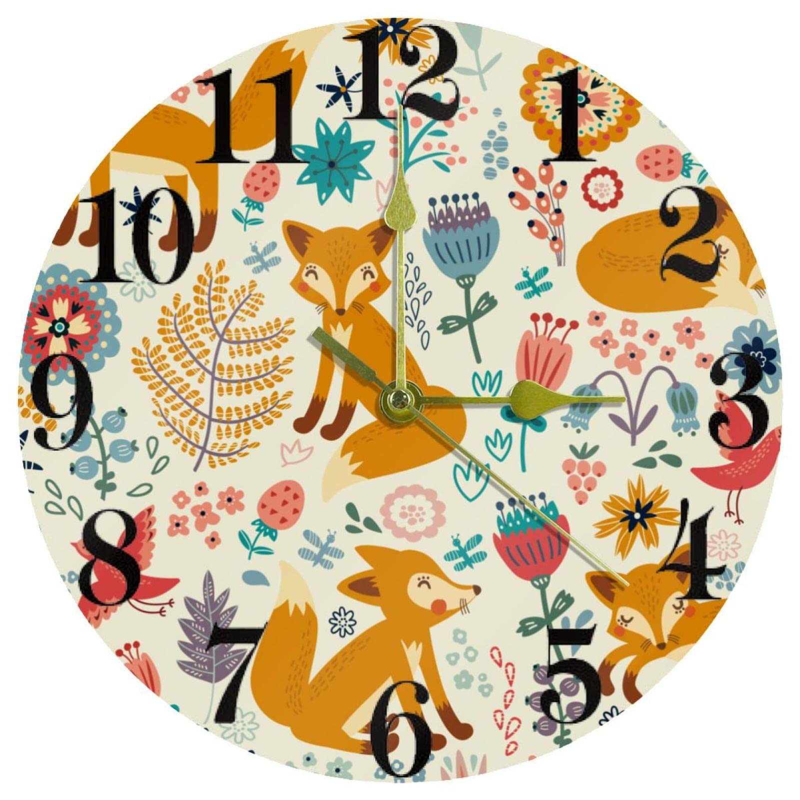Horloge murale silencieuse sans tic-tac animal renard ronde 25cm