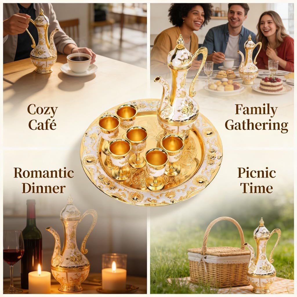 Vintage Coffee Pot Set, Multipurpose Metal Tea Pot Cups Set, Zinc Alloy, 6 Cups and 1 Tray - Retro Luxury Style, Durable Rust - Material, Ideal for Home and Wedding Gif (Gold White)