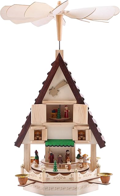 BRUBAKER Christmas Pyramid Advent House 19. Inches (49 cm) - Christmas Crib on 4 Floors - Candle Pyramid with 4 Candle Holders - Natural Wood - Hand-Painted Figures