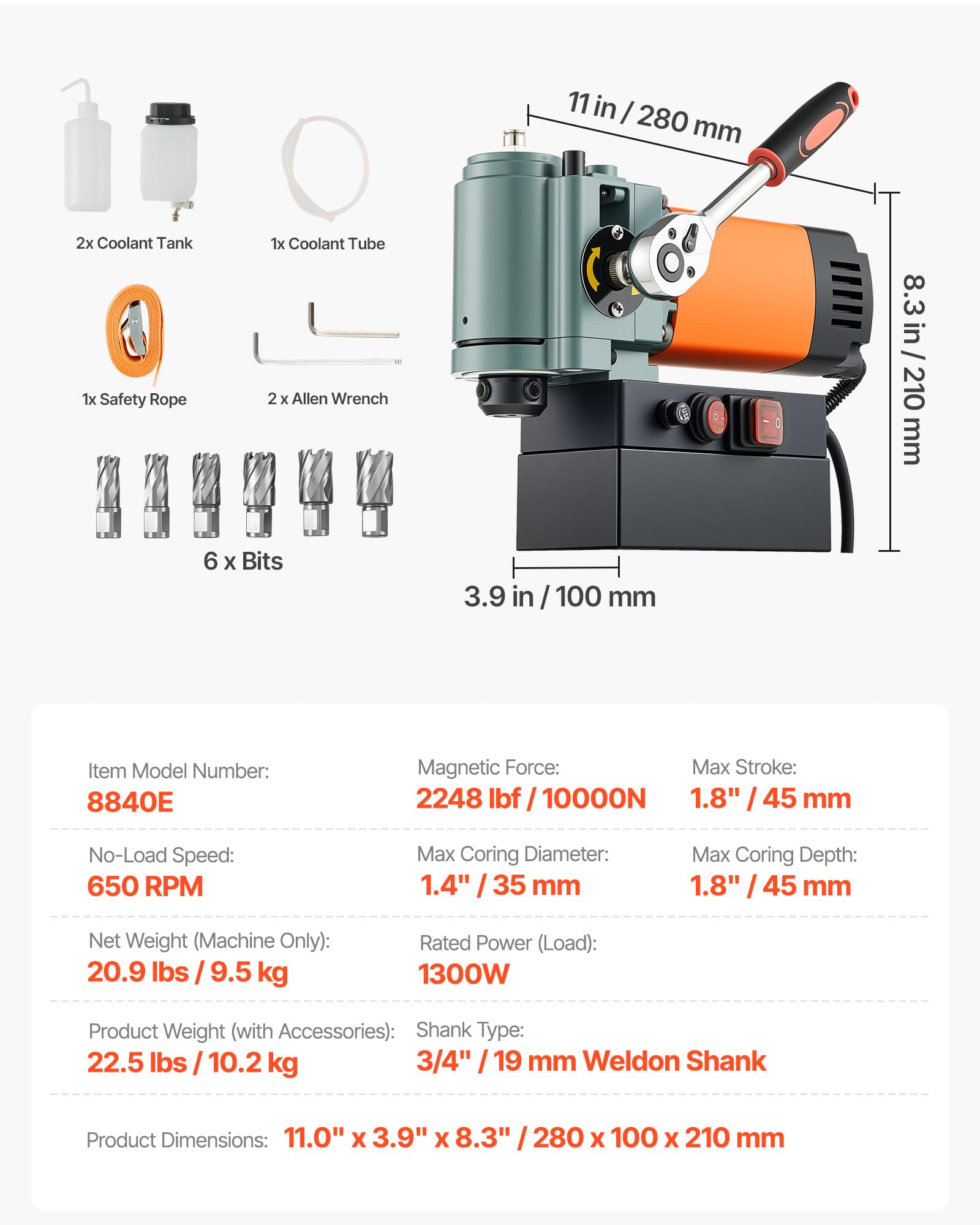 VEVOR Trapano a Colonna Magnetico a Basso Profilo 1300 W, Diametro di Foratura 35 mm, Potenza 10000 N, Trapano Magnetico Portatile con Attacco, per Superfici Metalliche, Fai-da-te