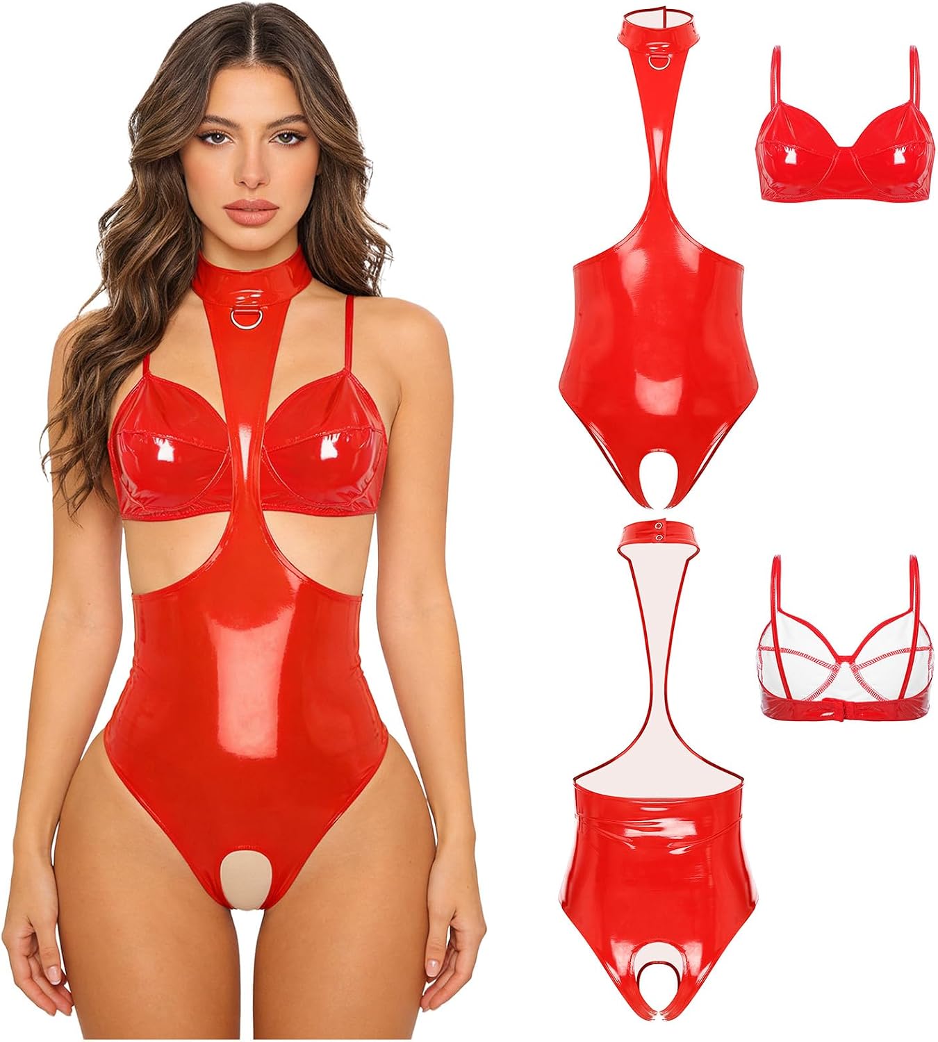 Women Babydoll Nightwear 2 Pcs Set Hollowing Out Pvc Wet Look Leather Latex Bodysuit Vinyl Stretchy Sleepwear