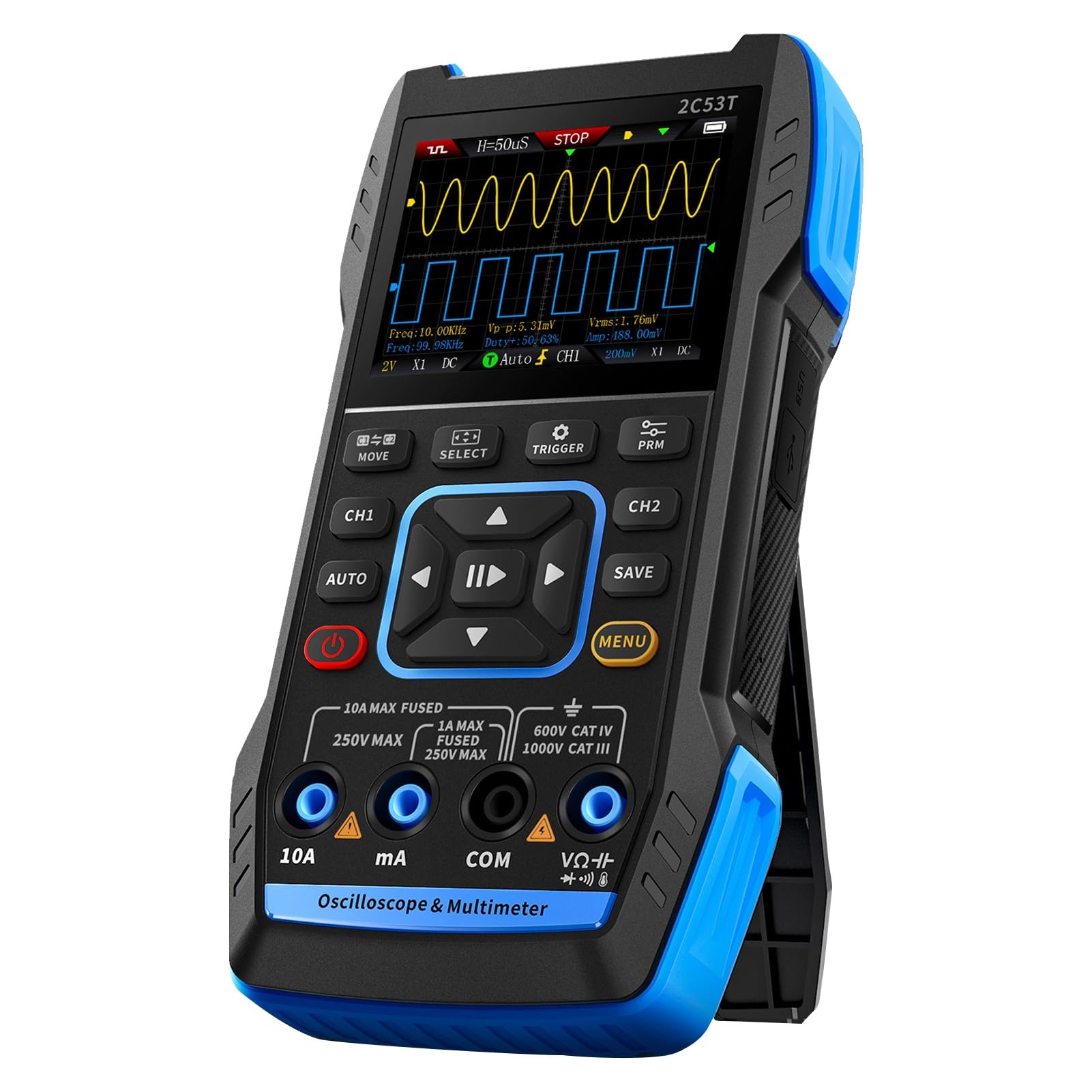 Jadeshay Oscilloscopio Digitale Oscilloscopio Portatile 2C53T Generatore di Segnale Portatile a 2 Canali con Larghezza di Banda 2×50 MHz Frequenza di campionamento 250MSa/s Esportazione Dati