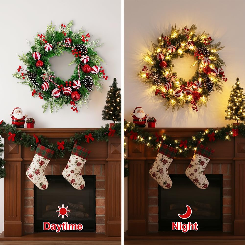 Christmas Door Wreath, Norfolk Pine Wreaths with Candy Cane Red and White Ball Pinecones Berries Reef for Front Door Wall Windows Xmas Ornament